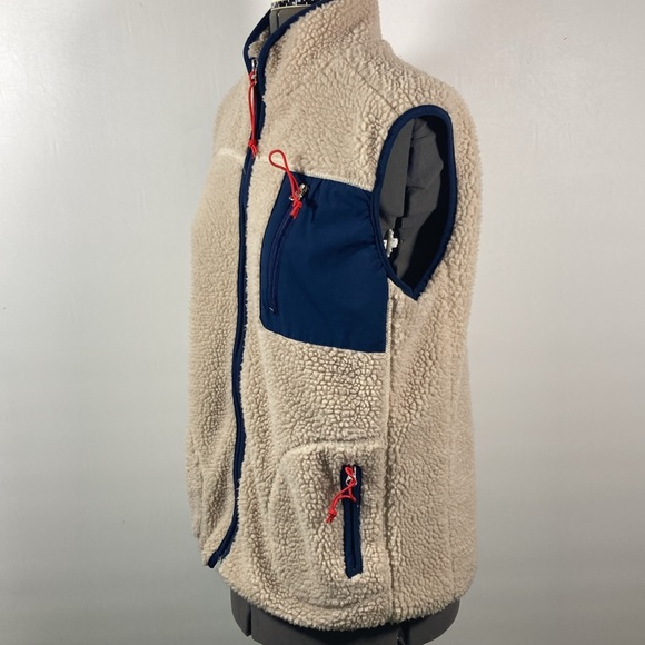 Wanna B Sherpa Vest Women Size M Blue & Cream Red Pull String on Pocket & Zipper - Picture 5 of 10
